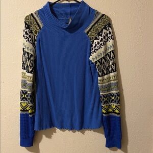 Free People Prism Sweater Fair Isle Cowl neck Blue Bell Combo Size Medium